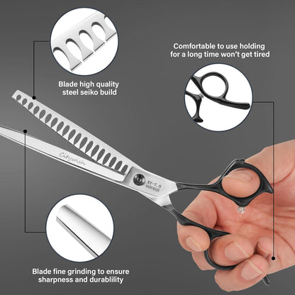 Dog Grooming Scissors,Curved Thinning Scissers and Chunker Shears for Dog Grooming with Safety round Tips, Sharp and Comfortable 5 in 1 Deg Scissors for Grooming