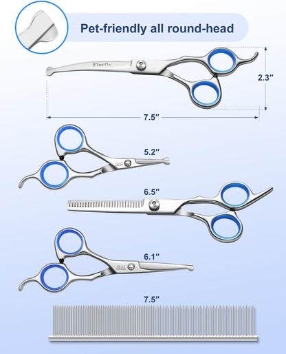 6-In-1 Dog Grooming Scissors - Professional Stainless Steel Hair Cutting Kit with Safety Rounded Tips, Ergonomic Soft-Grip Handles for Small & Large Dogs, Cats
