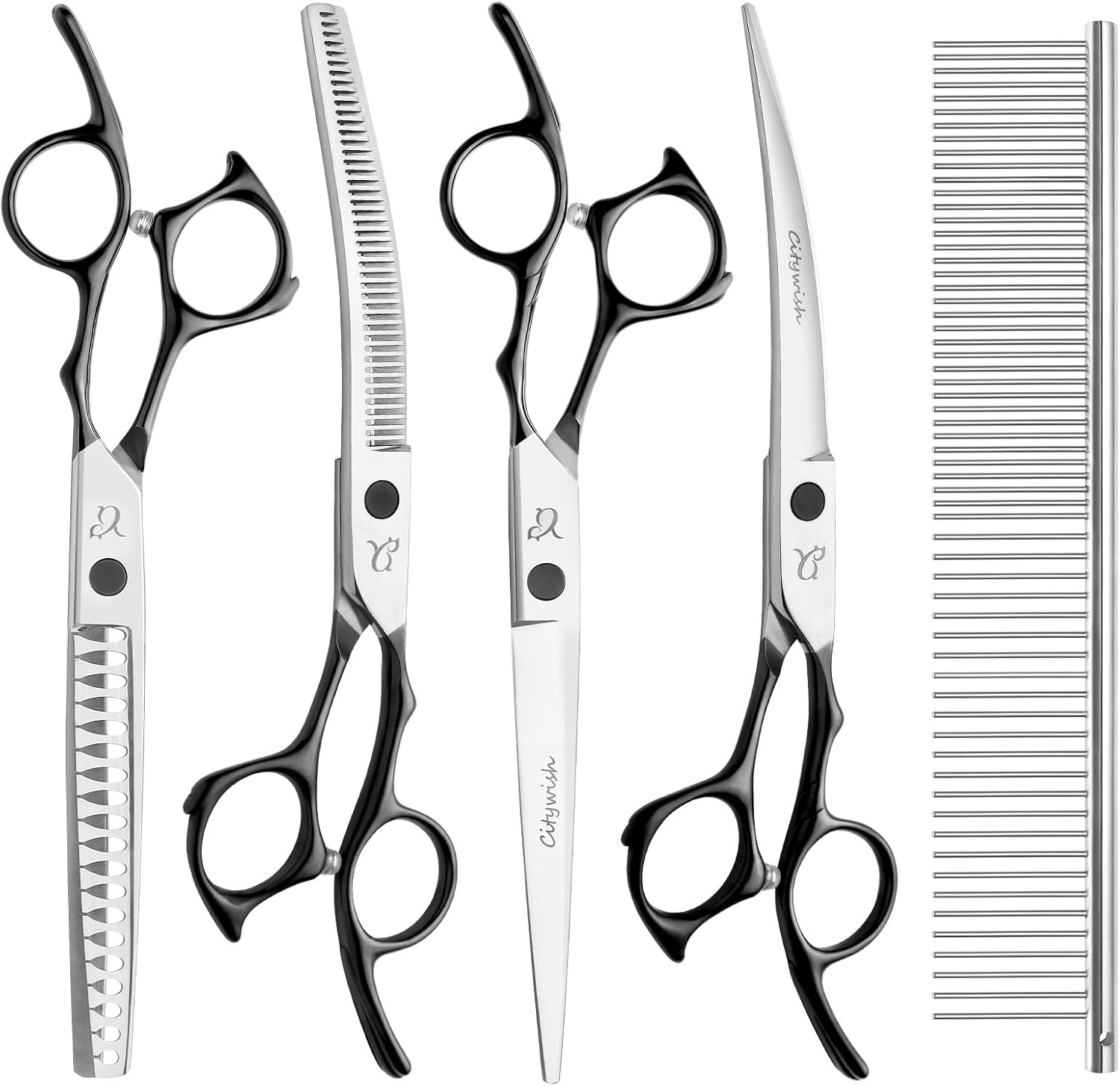 Dog Grooming Scissors,Curved Thinning Scissers and Chunker Shears for Dog Grooming with Safety round Tips, Sharp and Comfortable 5 in 1 Deg Scissors for Grooming